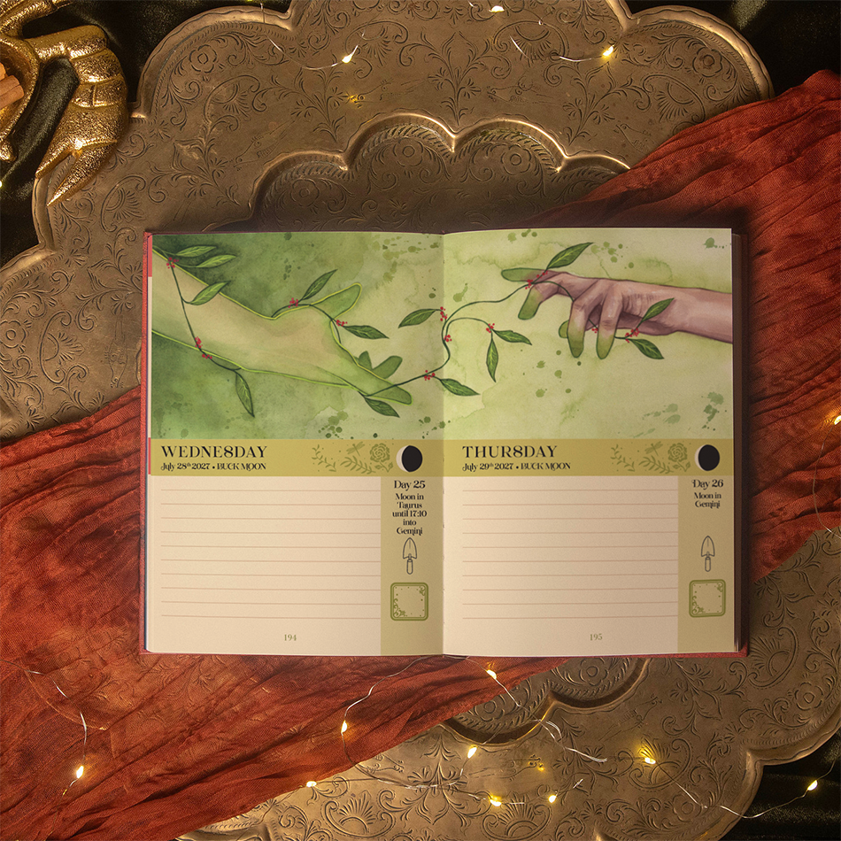 An open weekly planner spread with illustrated hands reaching toward olive branches, styled on rust-red fabric over an ornate metallic tray with warm string lights.