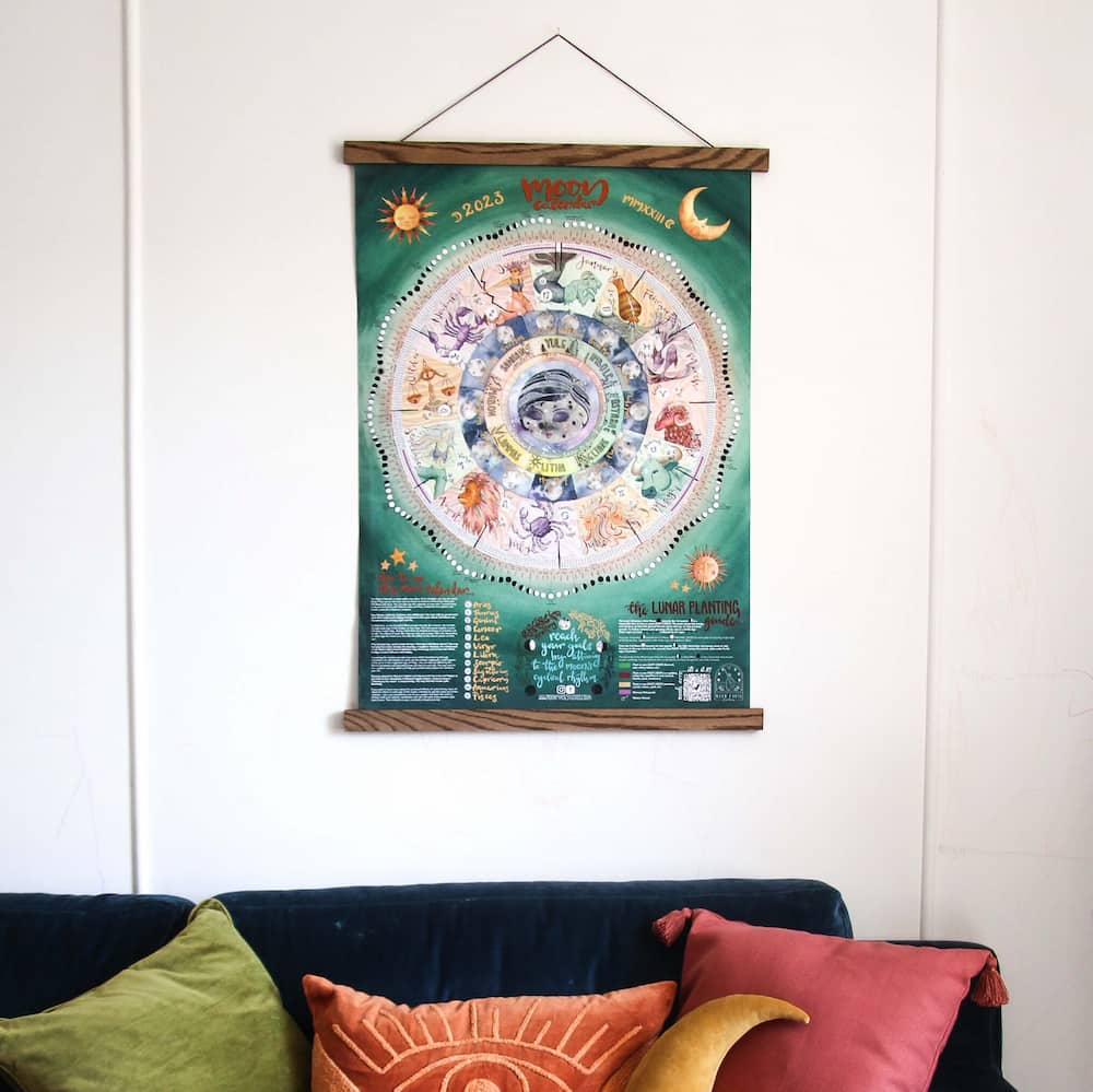 moon phase calendar on a wall with hangers